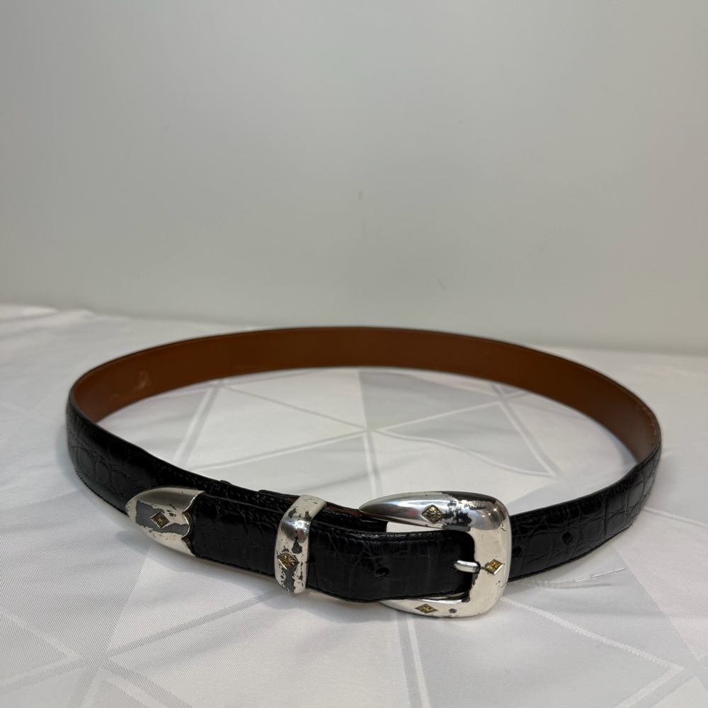 Vintage Arden Black Leather Belt Croco Calfskin Silver / Gold Gold Buckle Sz 36